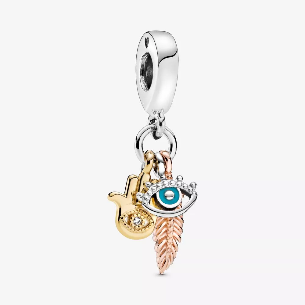 PANDORA Visací přívěsek Ruka Fatimy, vševidoucí oko a pírko 768785C01